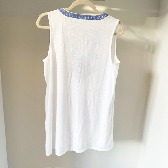 J. Jill Embroidered V-Neck Tunic Length Tank, White with Blue Trim, Size Medium - Picture 2 of 5
